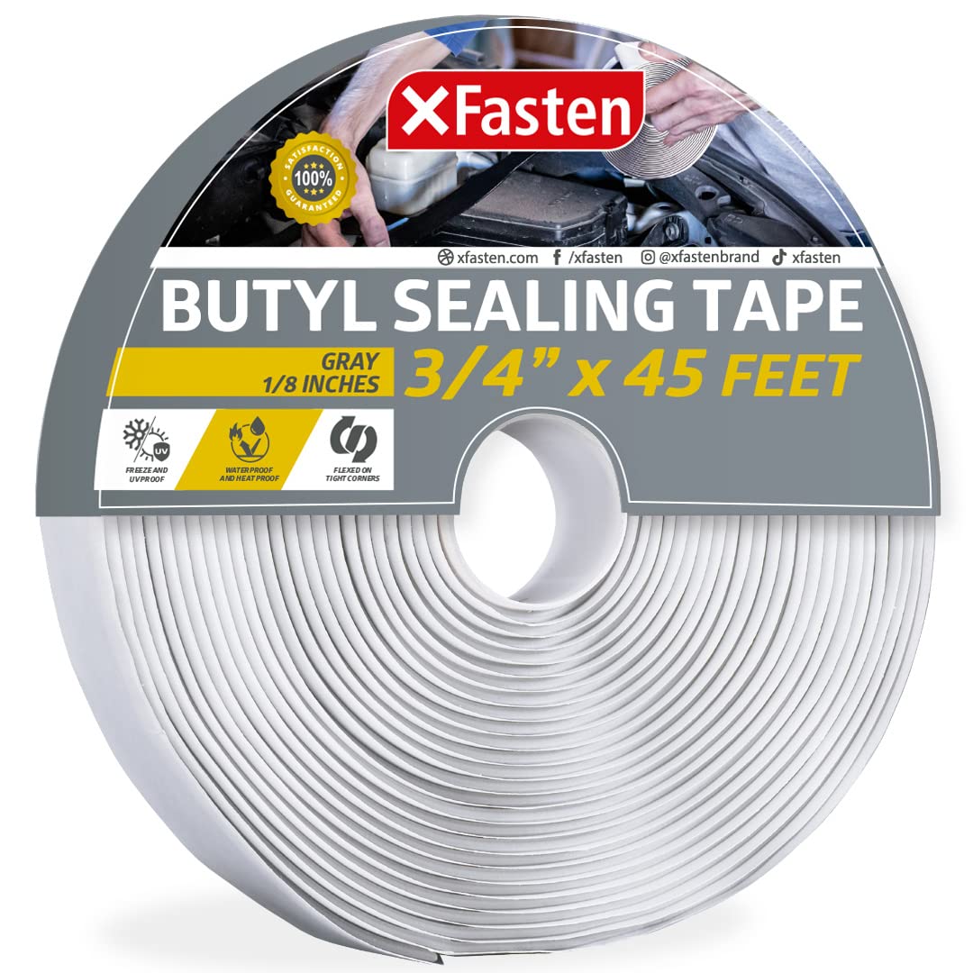 XFasten Butyl Seal Tape Gray - 1.5” Core 1/8" x 3/4'' x 45 Foot, EDPM Butyl Putty Tape, Sound Dampener Automotive Butyl Tape RV, Butyl Rubber Sealant, Waterproof Butyl Sealing Tape