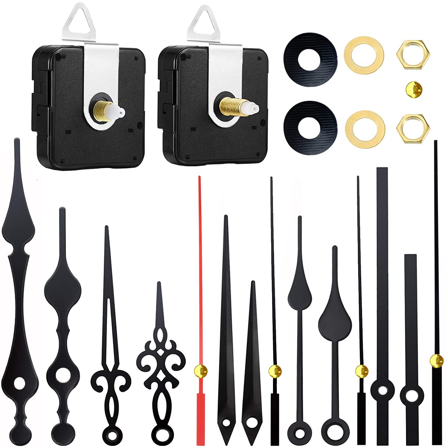 VREAONE 2 Pieces Clock Movement Mechanism Clock Hands High Torque Long Shaft Clock Movement Replacement with 5 Different Pairs of Hands Clock Repair Parts Replacement (0.53Inches/ 0.73Inches) (2 pcs)