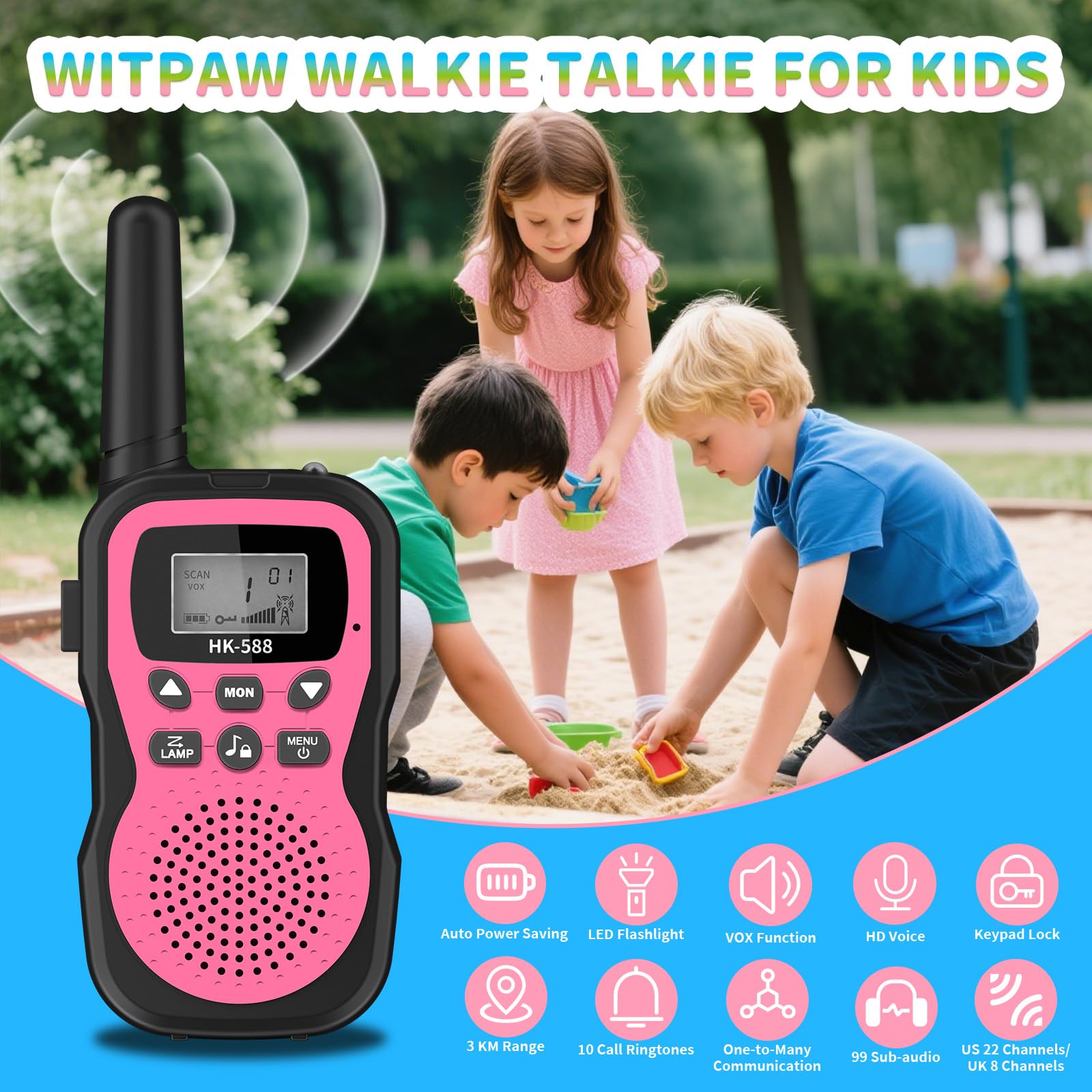 Walkie Talkies para niños, 3 unidades, recargable, 1.9 mi, de mano, de largo alcance, radio de 22 canales, 2 vías, regalos de fiesta de cumpleaños para niñas de 3 a 12 años, exteriores 2