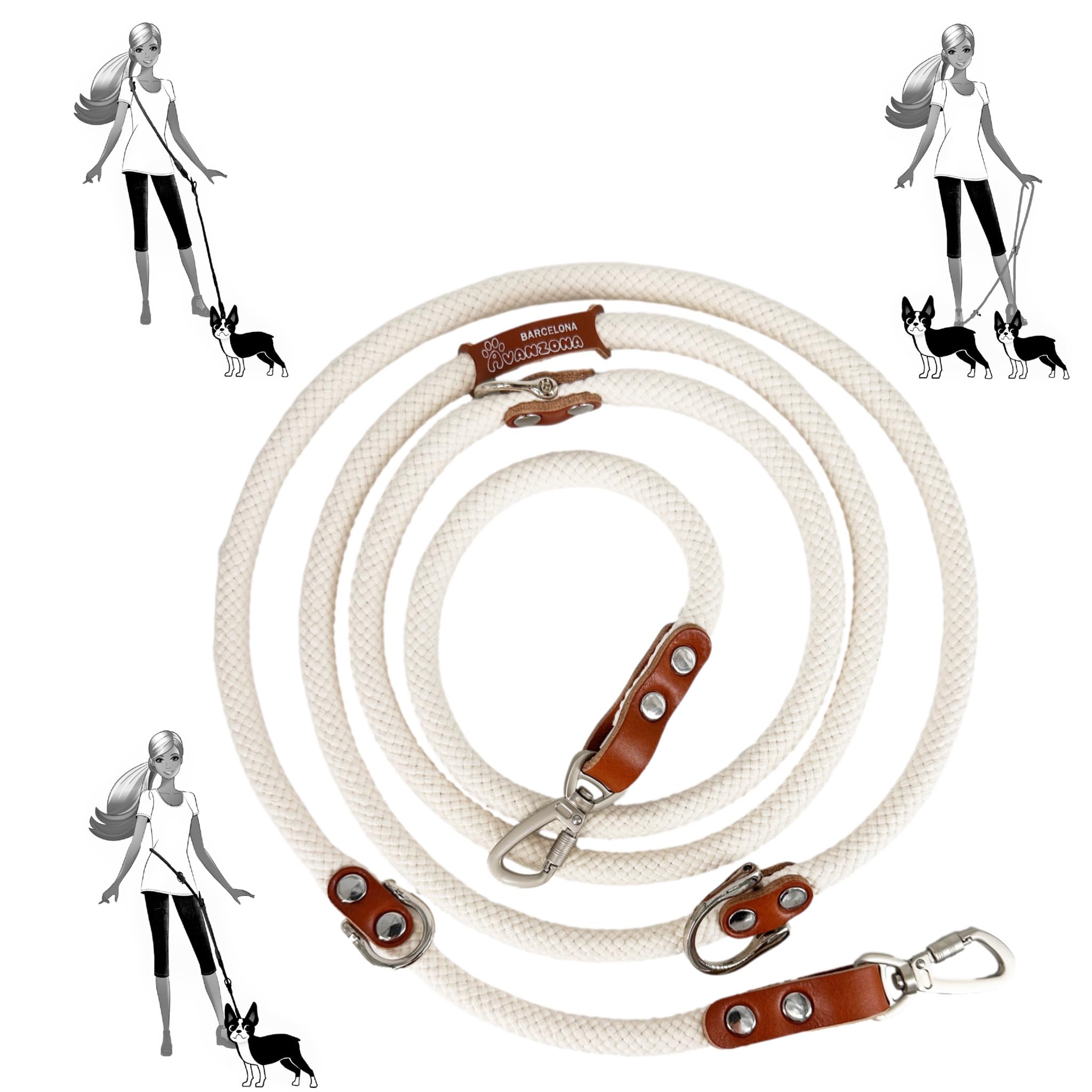 Correa Manos Libres, Multifuncional, Multiposición, Algodón con Cuero, para Dos Perros Pequeños, Medianos y Grandes, Made in Spain. Blanco & Coñac.