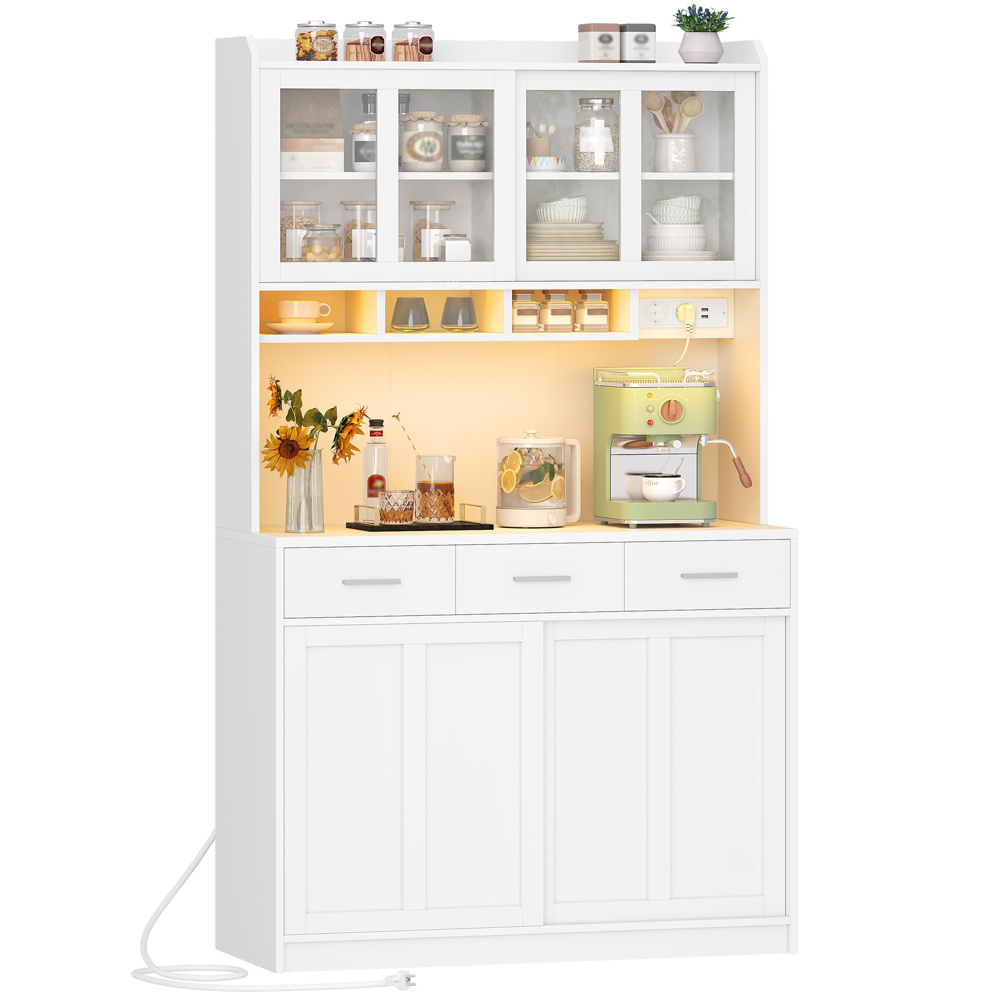Hzuaneri Credenza Cucina, Mobile Buffet con Illuminazione a Led E Presa Multipla, Piano di Lavoro, 3 Cassetti, Ripiani Regolabili, per Cucina o Sala da Pranzo, 40 x 100 x 185 cm, Bianco 0110203XEU