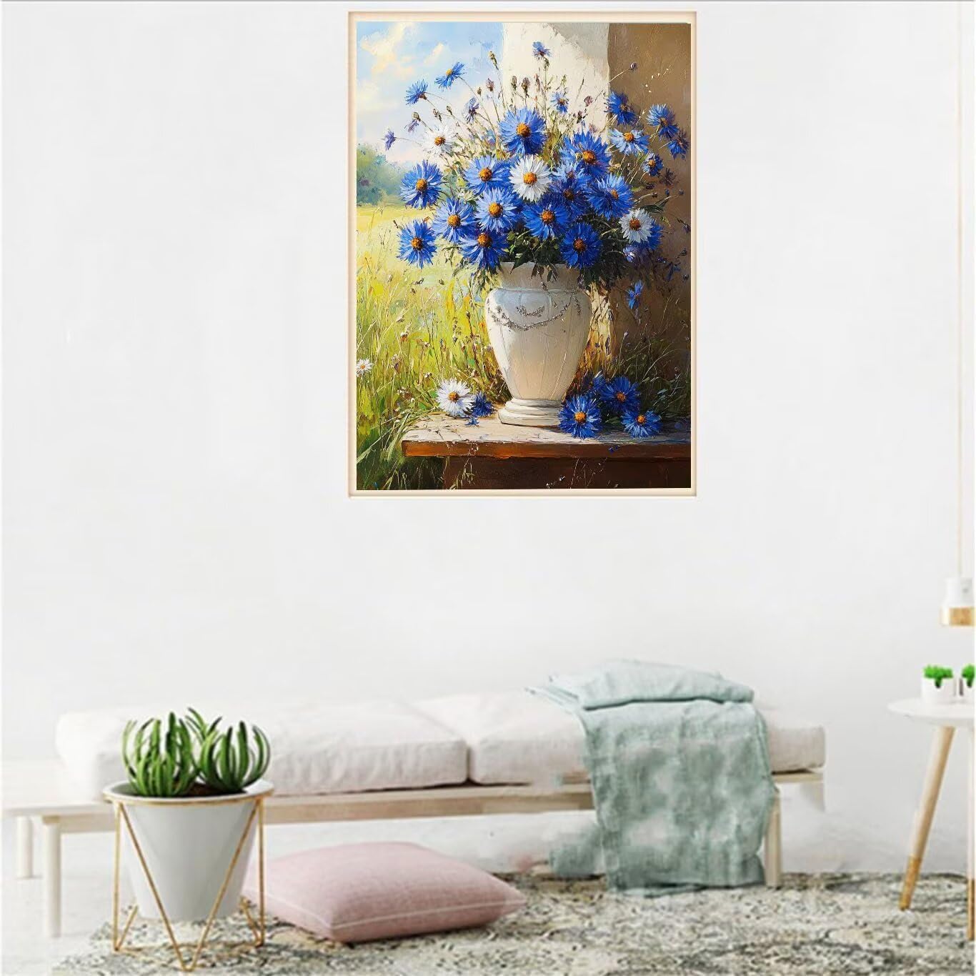 Zestaw do malowania diamentowego z niebieskimi kwiatami, 5D, dla dorosłych i dzieci, 60 x 80 cm, białe kwiaty, "zrób to sam", do samodzielnego wykonania, haft krzyżykowy, nadaje się jako prezent na
