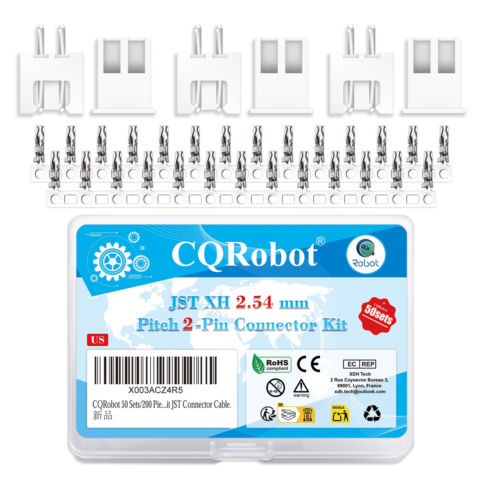 CQRobot JST XH 2.54 mm Pitch 2-Pin Electronic Computer Connector IC Male Plugs, Female Sockets Housing and T-Shaped Crimp Terminal Kit. 50 Sets/200 Pieces Wire-to-Board Adapter Cable Assembly.
