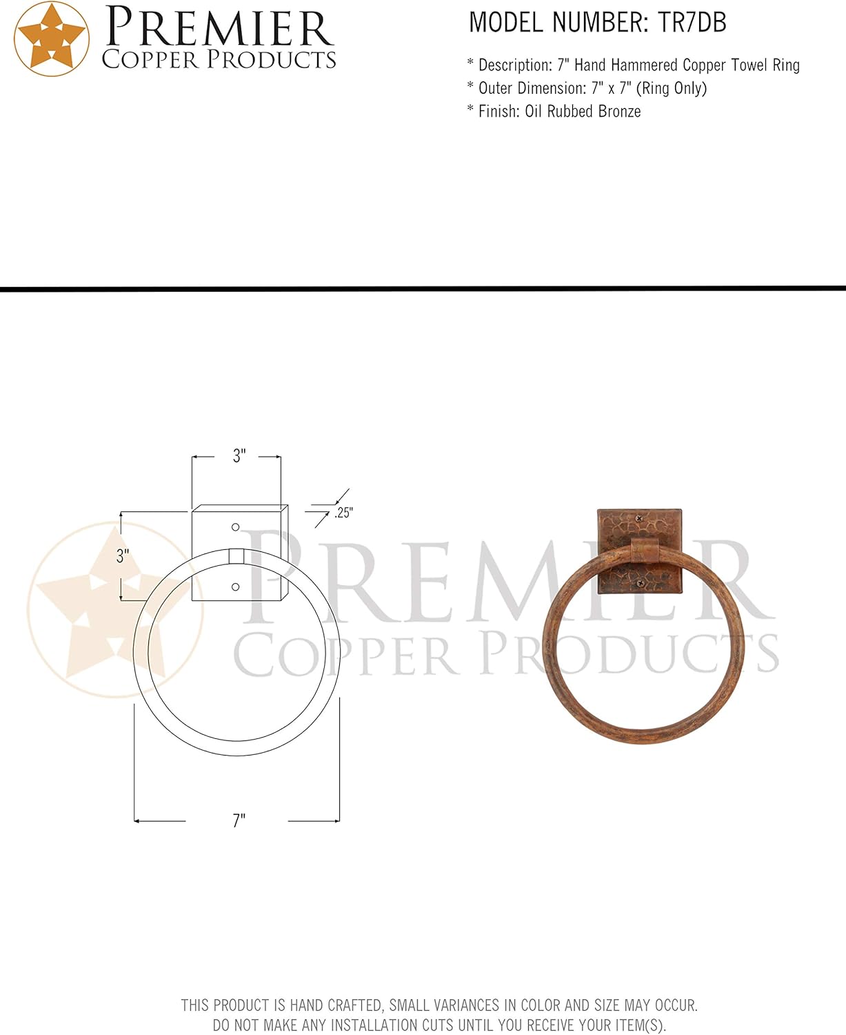 Premier Copper Products TR7DB 7-Inch Hand Hammered Copper Towel Ring, Oil Rubbed Bronze