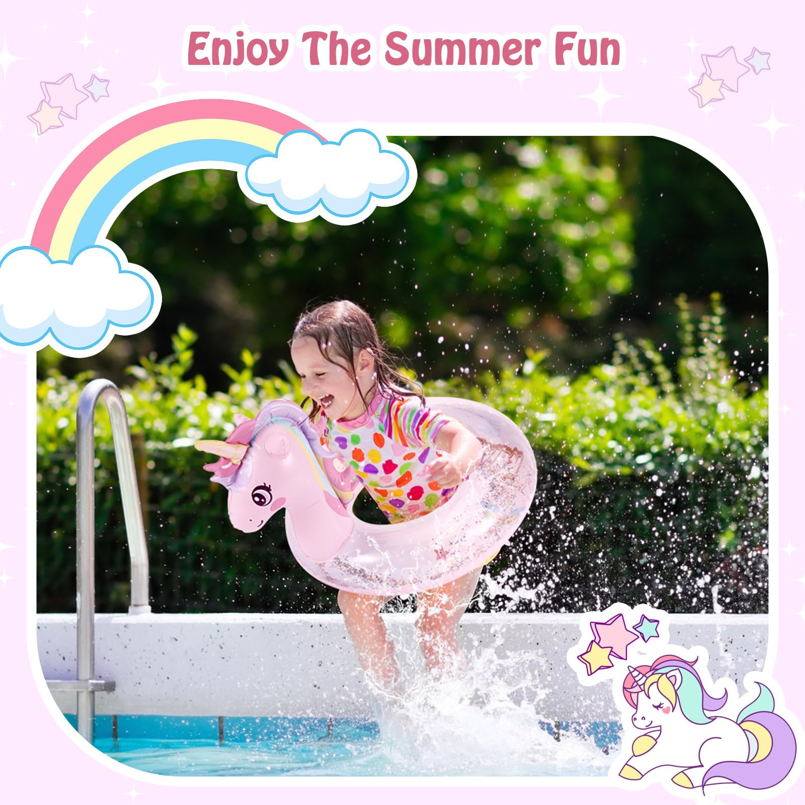 MoKo Inflatable Pool Float, Cute Glitters Unicorn Swim Tube Rings Inflatable Swimming Toys Floaties Fun Summer Water Floaties for Beach Pool Outdoor Party Water Toy for Children - Pink