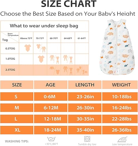 Miniatura 7 de Mosebears - Saco de dormir para bebé, con cremallera de 2 direcciones, saco de dormir unisex de algodón, 2.5 tog (animales del océano, de 0 a 6