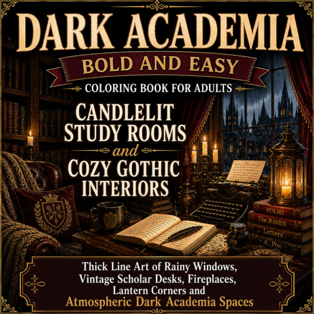 Dark Academia Bold and Easy Coloring Book for Adults Volume 2 - Candlelit Study Rooms and Cozy Gothic Interiors: Thick Line Art of Rainy Windows, ... Corners, and Atmospheric Dark Academia Spaces