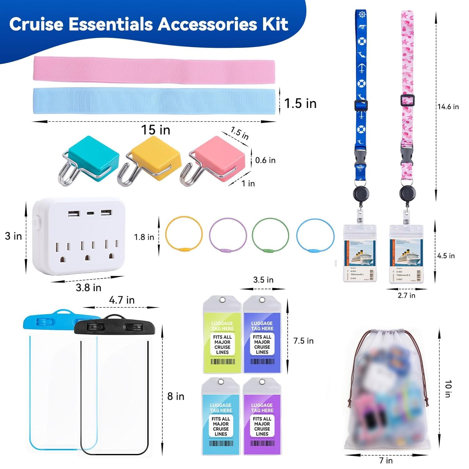 Hescuvet Cruise Essentials 2025, kit Cruise Must Haves con presa multipla anti-sovratensione, cordini da crociera retrattili, custodia impermeabile per telefono, gancio magnetico, etichetta per