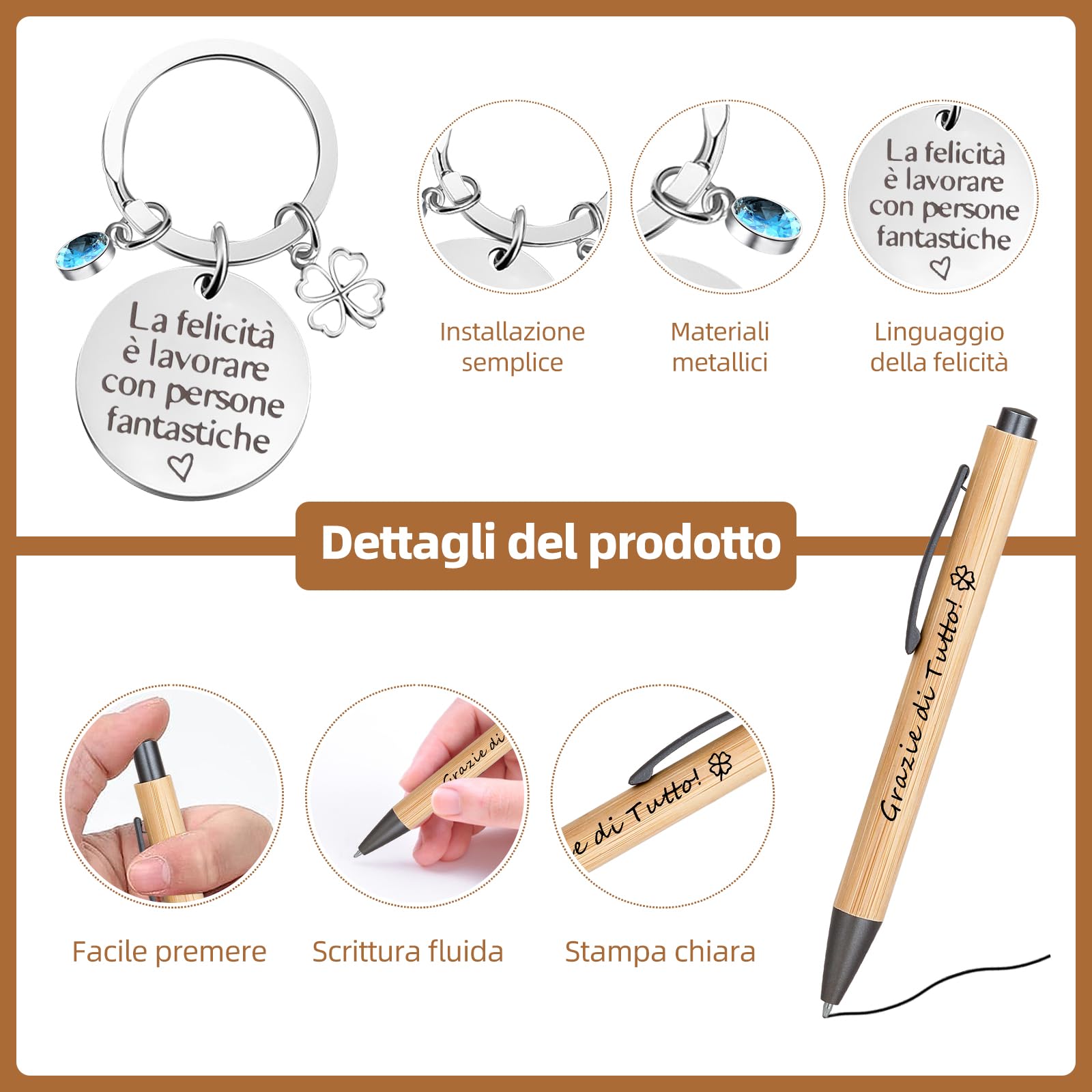 Set regalo 4 pezzi per colleghi: quaderno spirale, penna retrattile, portachiavi, sacchetto garza