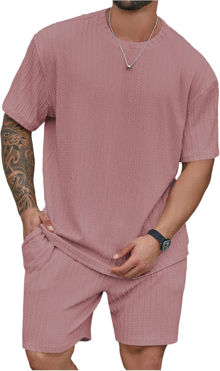 RoseSeek Men's Big and Tall 2 Piece Summer Outfits Textured Drop Shoulder T Shirt and Short Sets Tracksuit