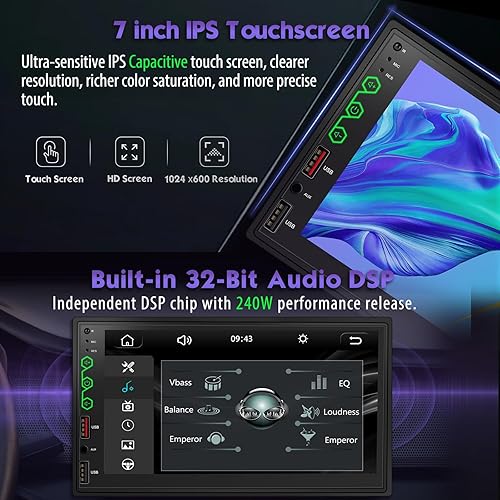 Miniatura 5 de Estéreo de auto doble DIN de 7 pulgadas con CarPlay inalámbrico y Android Auto, exclusivo DSP integrado, audio de alta potencia de 240 W, pantalla