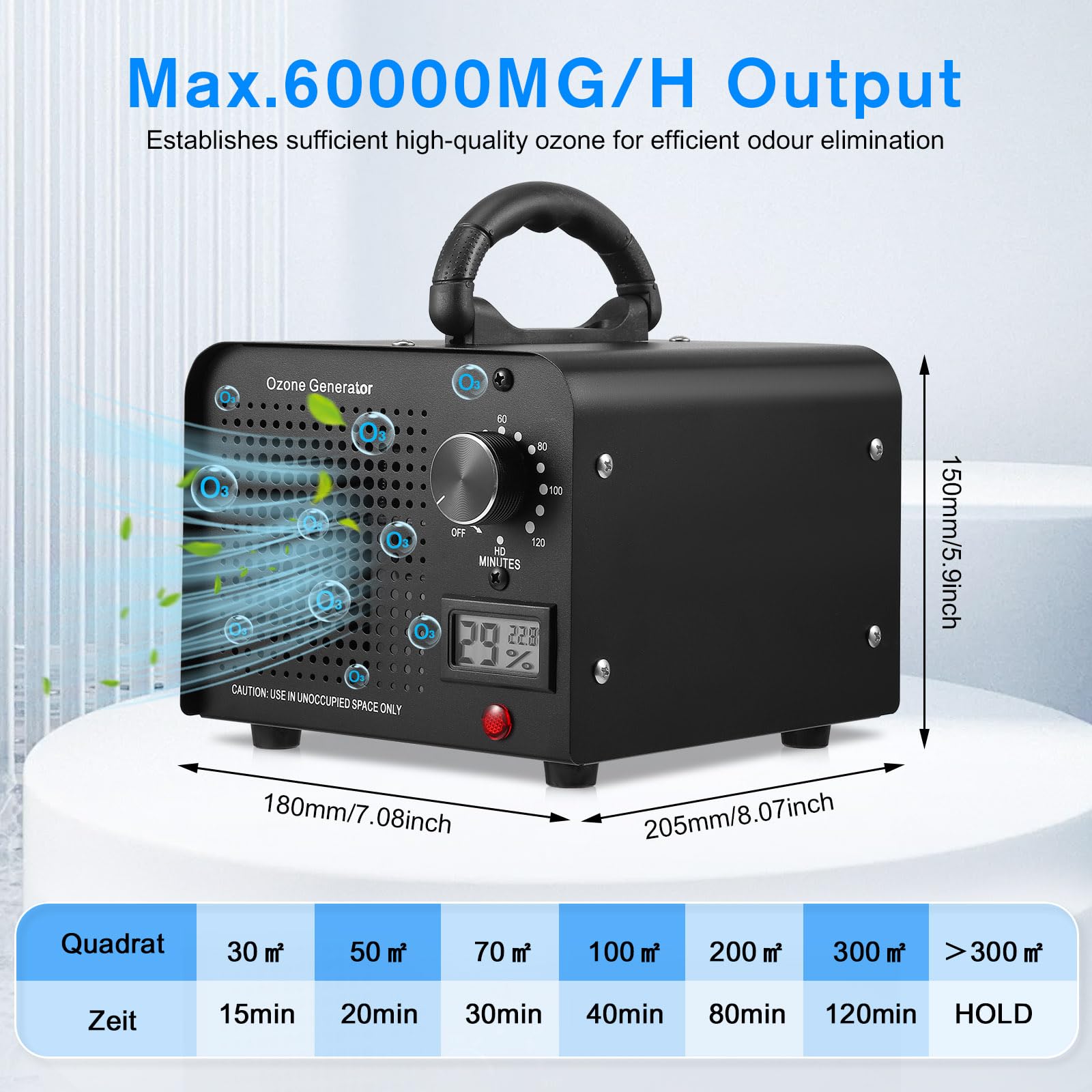 Générateur d'ozone 60000 mg/h, purificateur d'air Ozone avec affichage de la température et de l'humidité, Machine à Ozone, Ozone Generator Industriel, jusqu'à 300 m² pour Bureau, Maison, Voiture