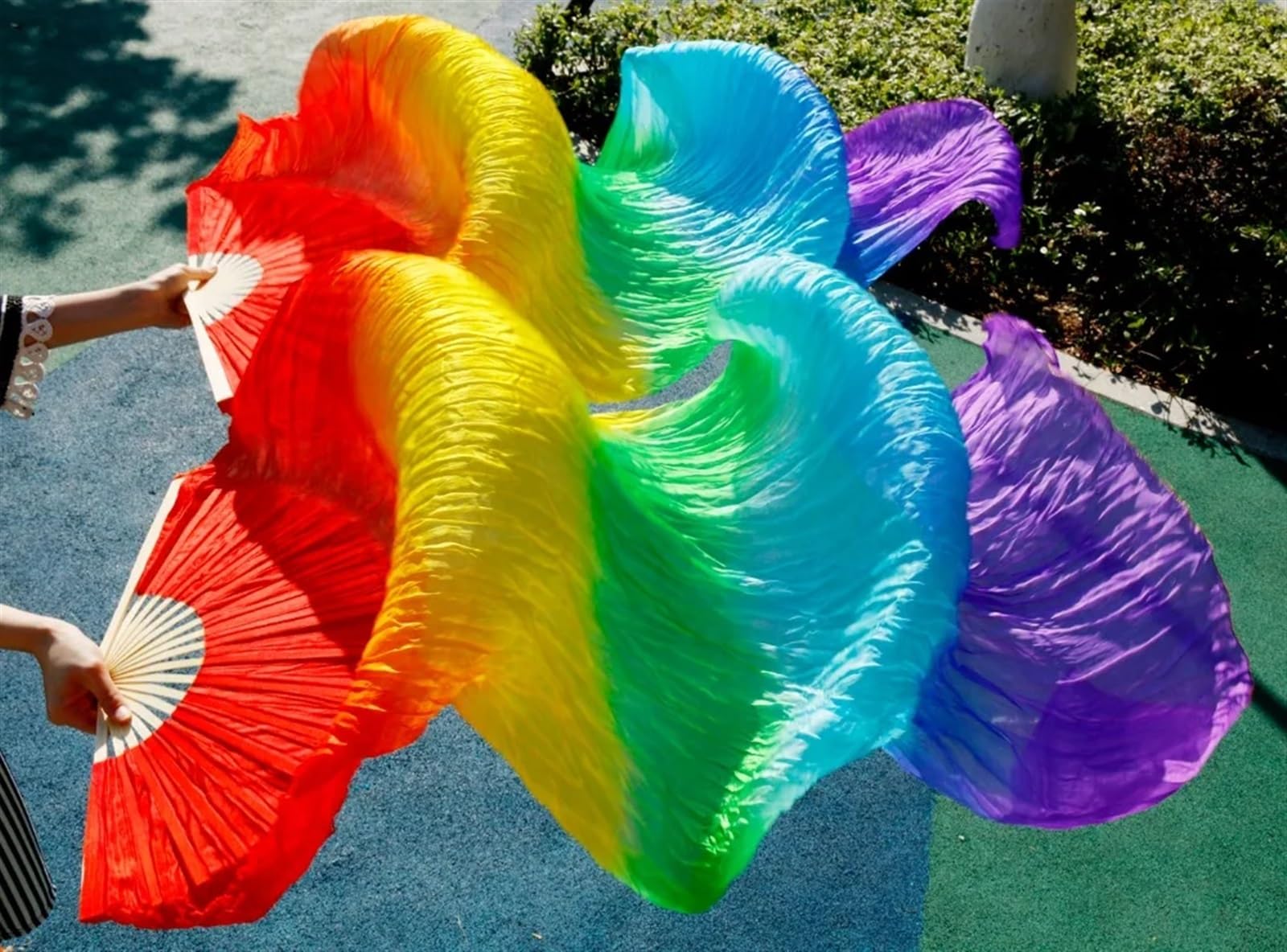 Largo Abanico dAanza Cuadrada Abanicos de Danza del Vientre con velos de Seda Chinos Par de abanicos de Danza del Vientre(White,L-180cm)