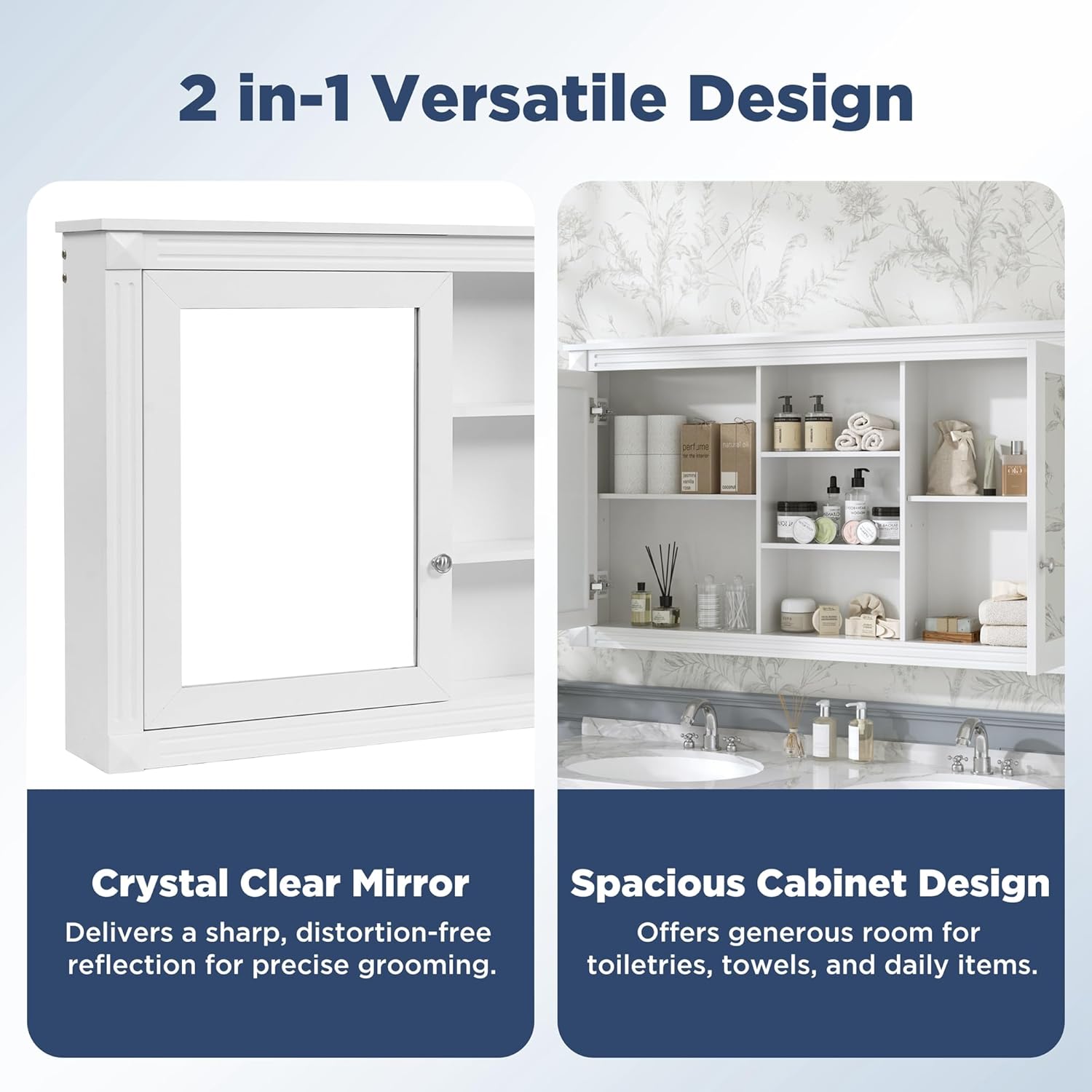 55" Wall-Mounted 2-in-1 Mirror Cabinet with HD Mirror, Adjustable Shelves & Soft-Closing Hinges, Multi-Purpose Storage Organizer for Bathroom, Living Room & Bedroom, White