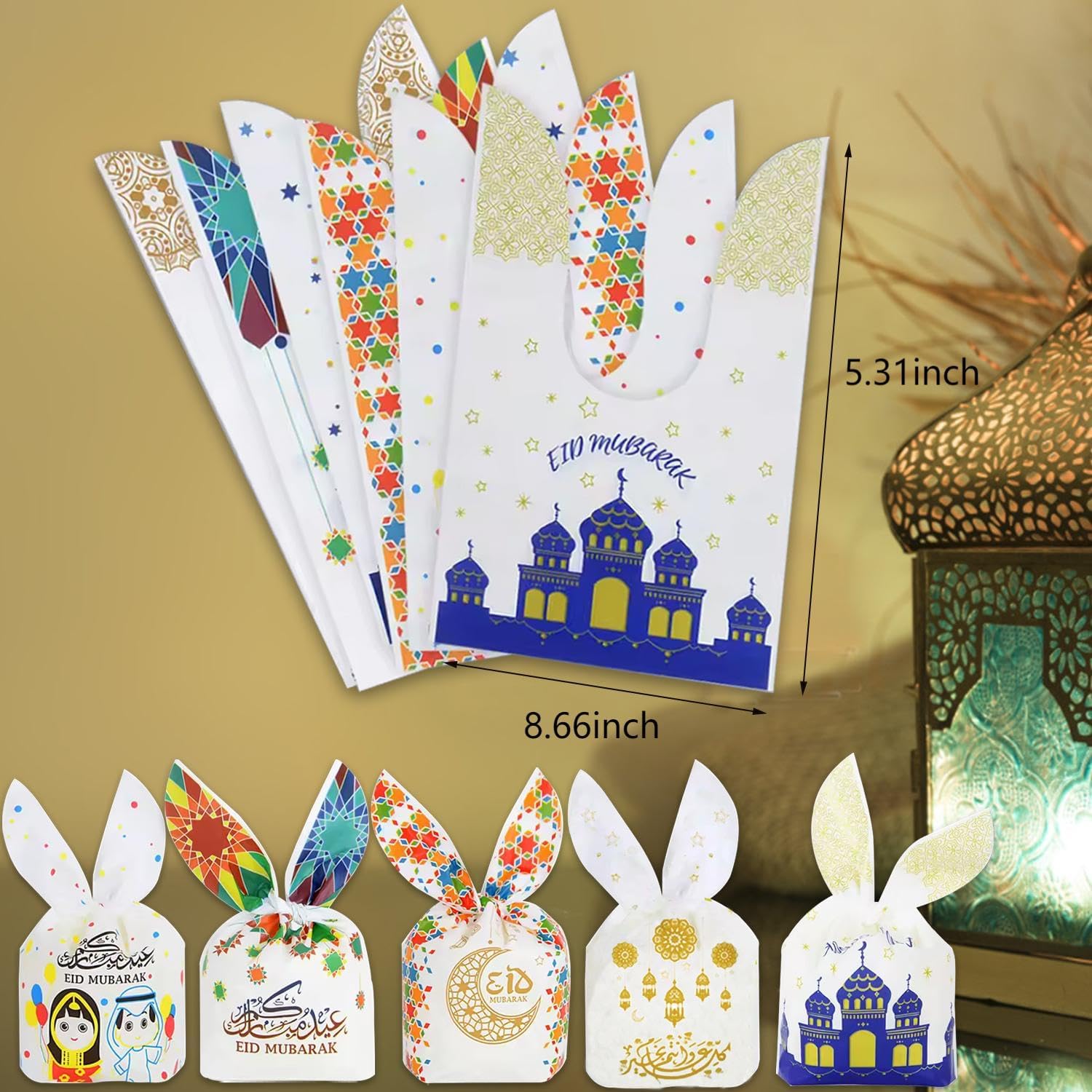 KTBANBANNEY 100 Pcs Eid Mubarak Plastic Gift Bags Ramadan Kareem Rabbit Ear Shape Candy Goodie Bags Snack Wrap For Muslim Islamic Festival Party Decorations - Image 7