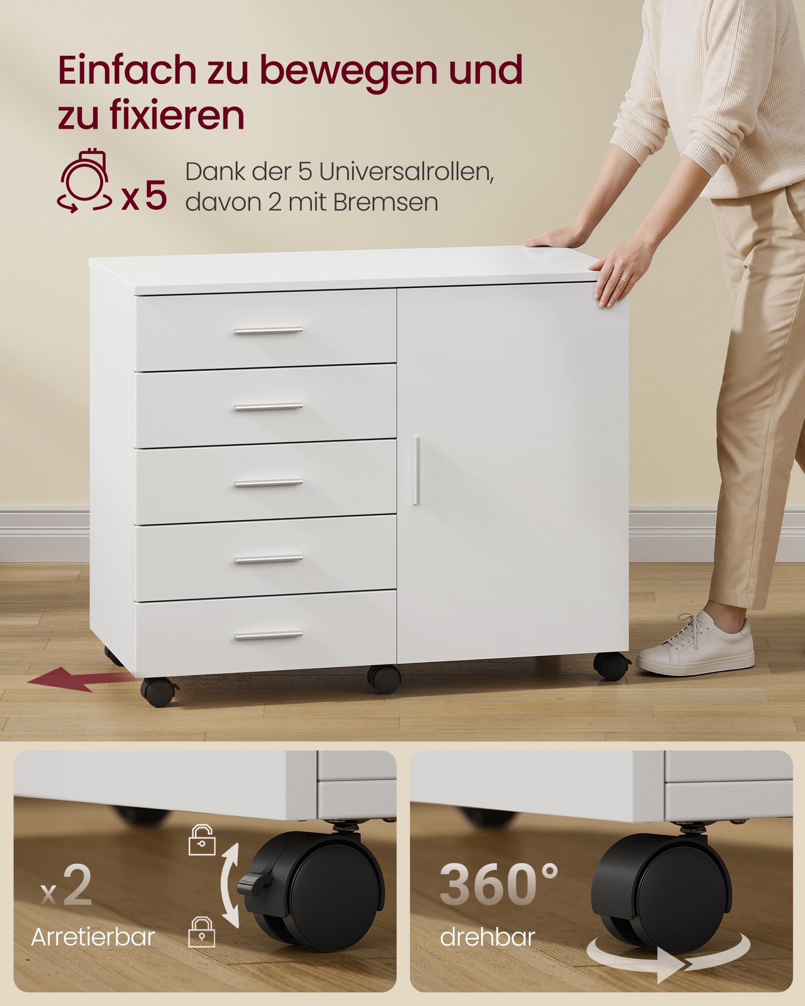 VASAGLE Rollcontainer, mobiler Aktenschrank, Schubladenschrank, Schrank mit Tür, Druckerständer mit 5 Schubladen, mit schraubenlosen Gleitschienen, für Büro, Homeoffice, wolkenweiß OFC092WB02