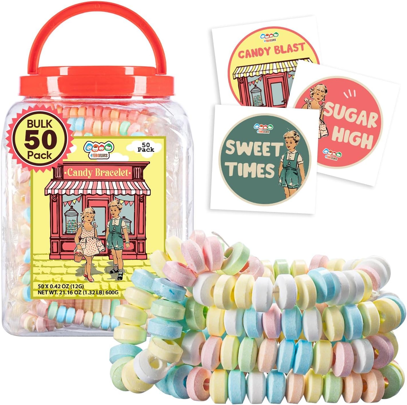 50 Candy Bracelets Individually Wrapped, Bulk Pastel Candy Party Favors | Pastel candy jewelry kids can wear and eat, individually wrapped for goody bags, parties and buffets. By 4YoreElves
