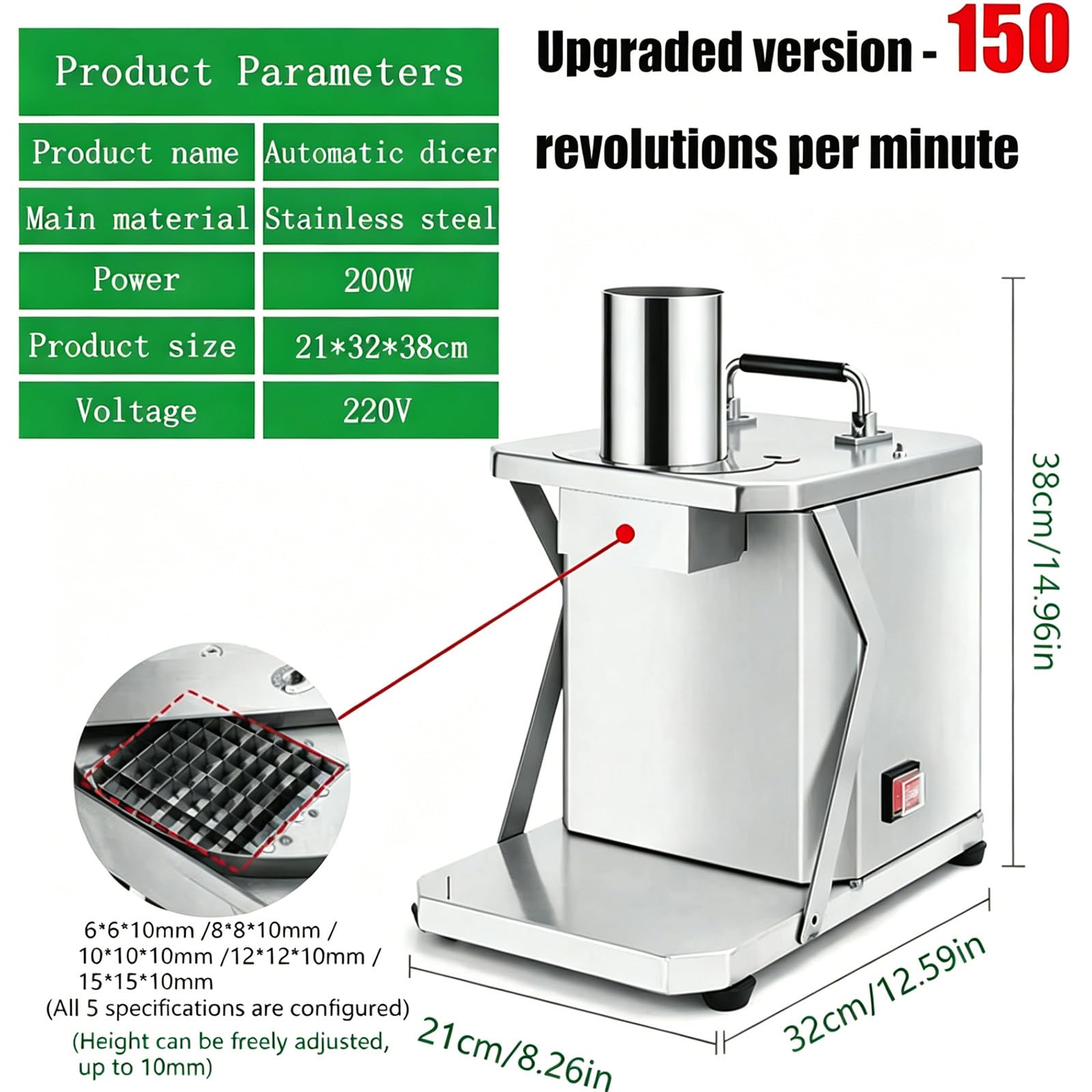 Robot da Cucina Professionale Taglia Verdure a Cubetti - 5 Griglie 6-15mm - Automatico, Sicuro - 165 lb/h - Acciaio Inox Lavabile - per Ravanelli, Sedano 8mm