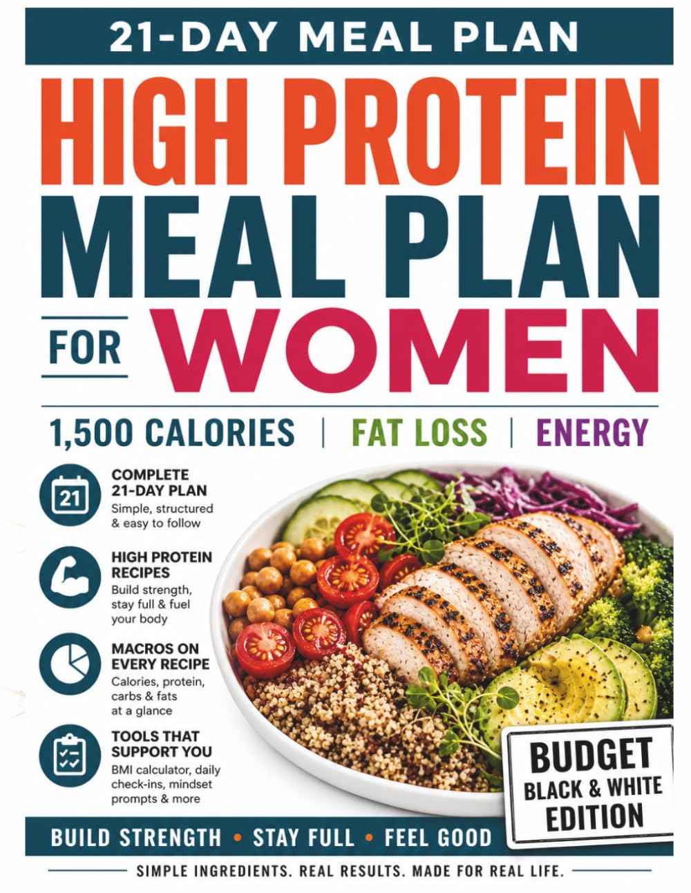 POWER PLATE FOR WOMEN: A 21-Day High-Protein, 1,500-Calorie Meal Plan to Build Strength, Stay Full & Feel Good: Black & White Budget Edition