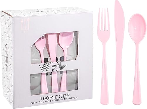 Miniatura 1 de WDF 160 cubiertos de plástico rosa  Los cubiertos rosas resistentes incluyen 80 tenedores rosas, 40 cucharas rosas, 40 cuchillos rosados, utensilios