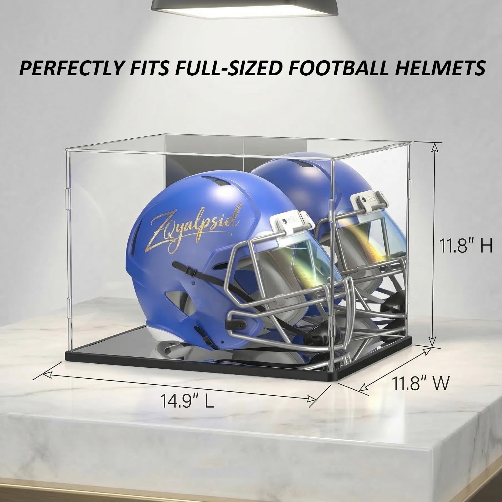 Vitrina acrílica para casco de fútbol, béisbol y motocicleta, caja de exhibición transparente con doble espejo y base negra, vitrina a prueba de polvo para coleccionables de tamaño completo (14.9