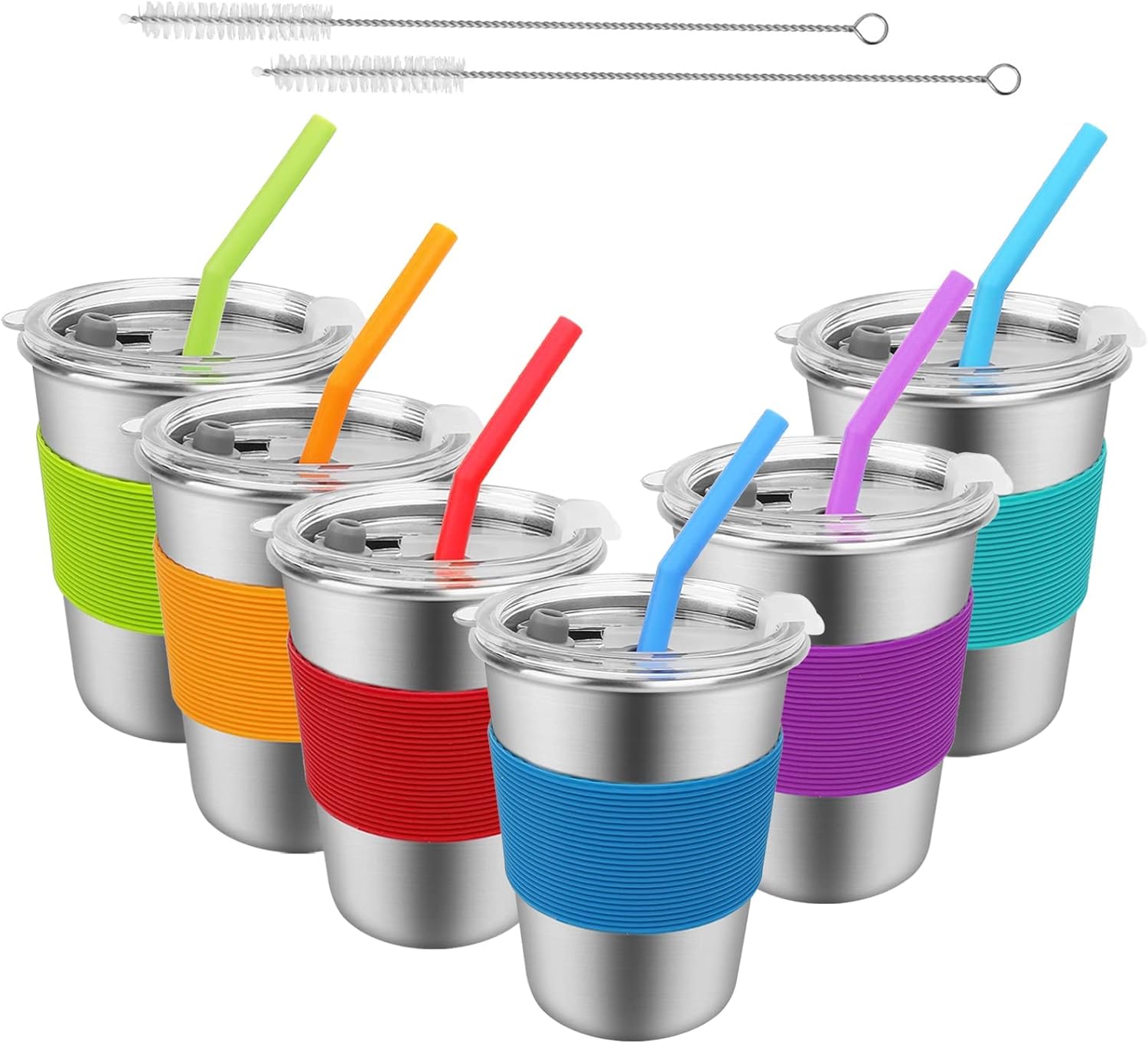 Stainless Steel Kids Cups with Straws and Lids, 6 Pack 12oz Leak Proof Sippy Cups, Unbreakable Toddler Straw Cup Tumblers, Kids Water Drinking Glasses, BPA-Free Reusable Metal Mug for Children Adult