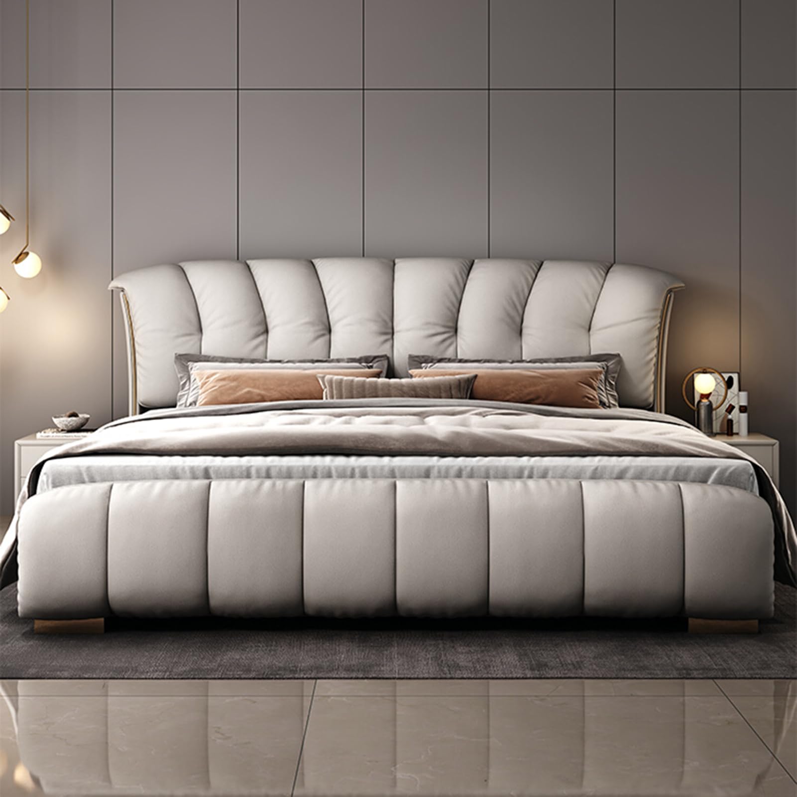 Gray King Size Upholstered Platform Bed Frame with Wingback Headboard and Storage Drawers Strong Wooden Slat Support No