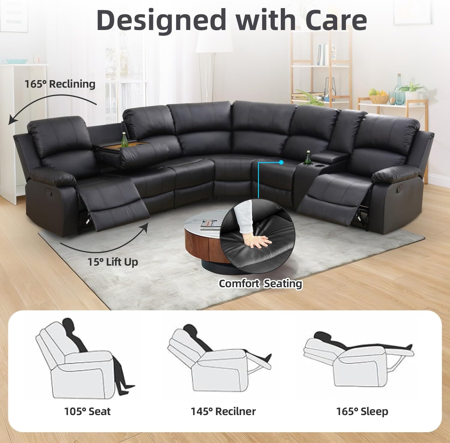 Manual Reclining Sectional Sofa Set, Living Room Furniture Sets, 6 Seats Leather Recliner Corner Sectional Couch with Cup Holders, Storage Console with Chair for Office/Home Theater (Black)