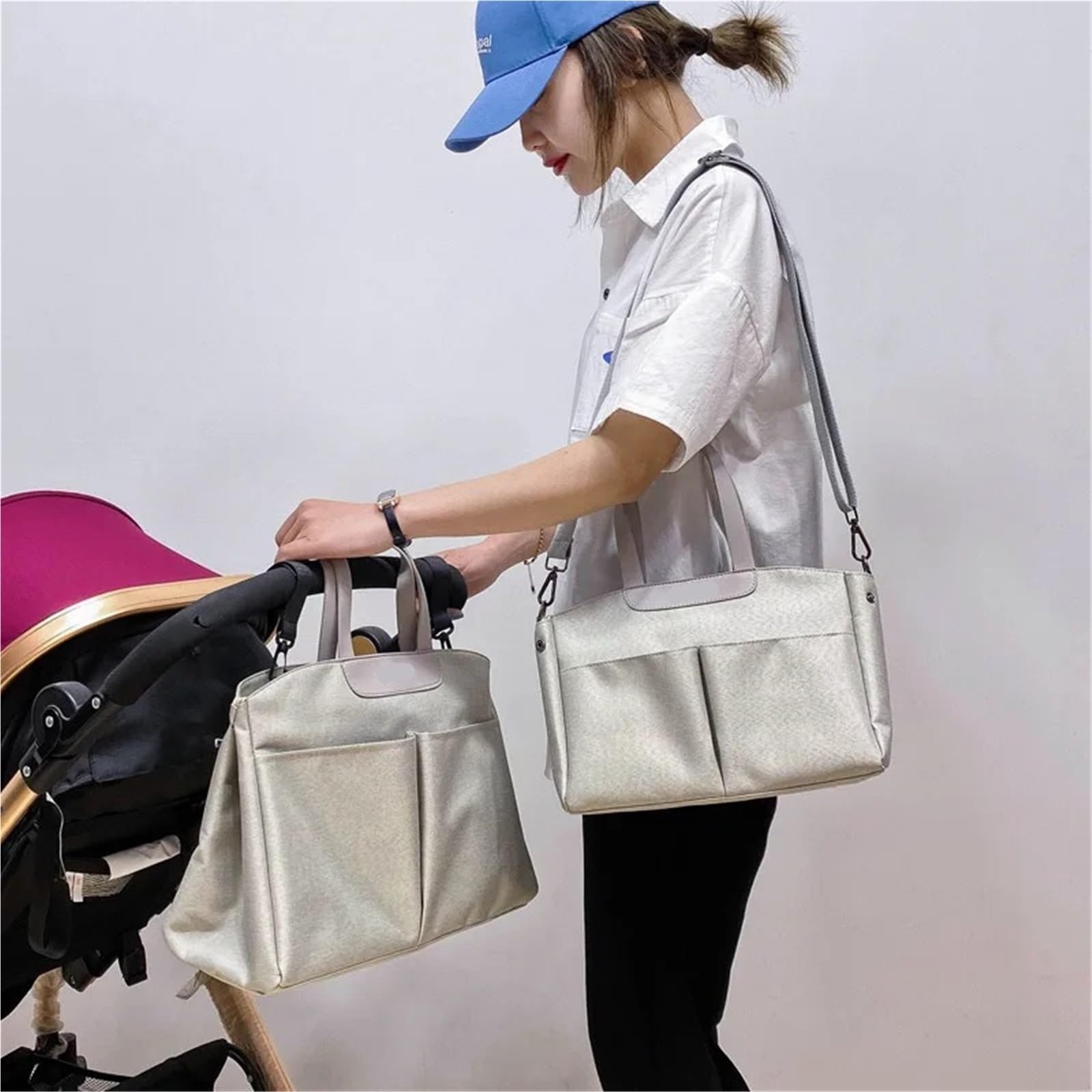 Wickeltasche Kinderwagen Mumientasche, multifunktional, wasserabweisend, Schulter-Umhängetasche, Kinderwagen-Handtasche, große Kapazität, Mutter-Kind-Tasche, Kinder-Wickeltasche(Off-white trumpet)