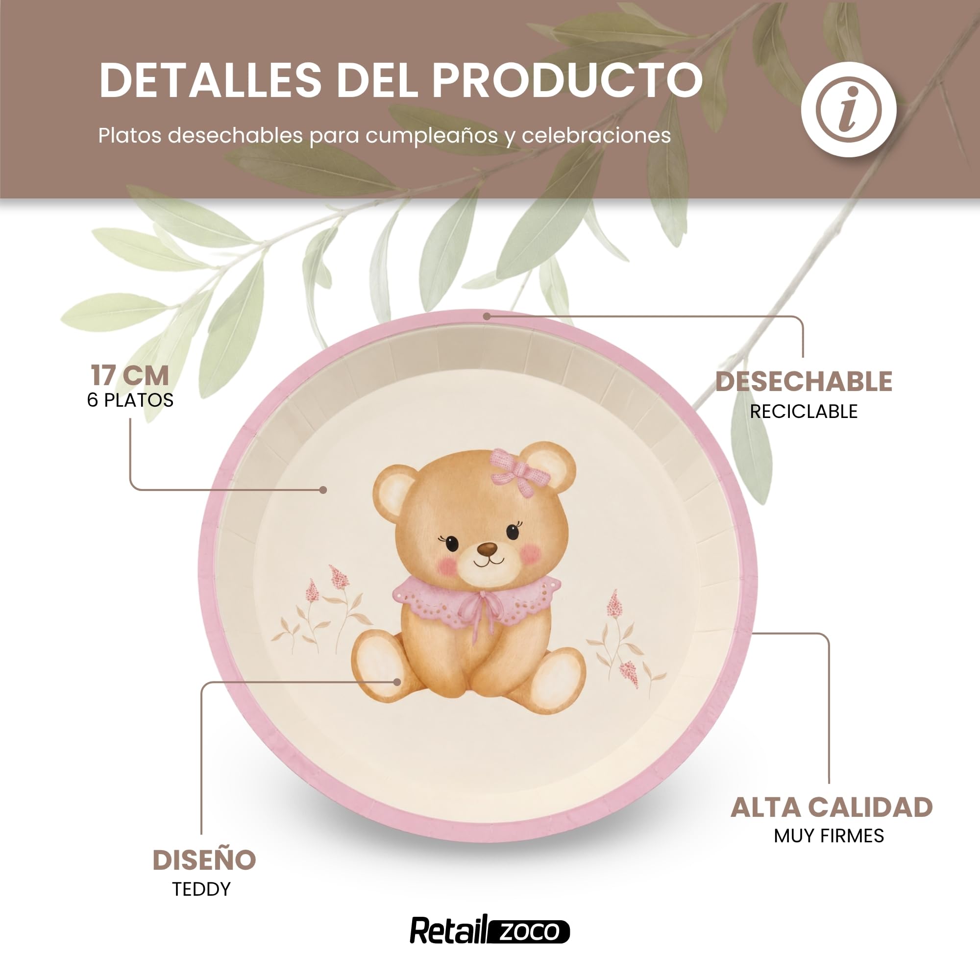 Platos de cartón, Platos Desechables cartón, Diseño Oso Rosa, 12 Unidades - imagen 2