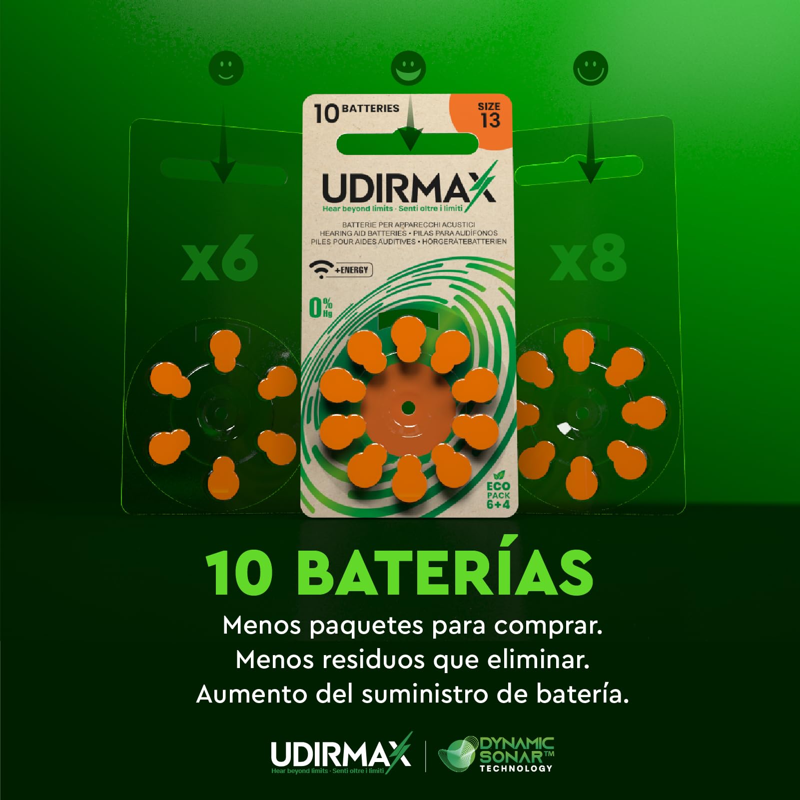 100 Pilas PR48 para Audífonos Tamaño 13 Naranja Udirmax Batteries Zinc Aire 1.45V Sin Mercurio con Tecnología Dynamic Sonar Paquete Eco 10 Blísters de 10 Pila