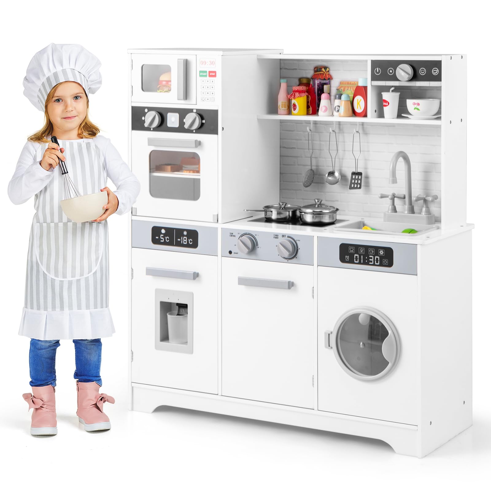 COSTWAY Cocina Madera Infantil, Cocinita Infantil con Luz y Sonido, Fregadero, Grifo, Dispensador de Agua, Microondas, Horno, Utensilios, Lavadora, Cocina Juguete para Niños de 3+Años