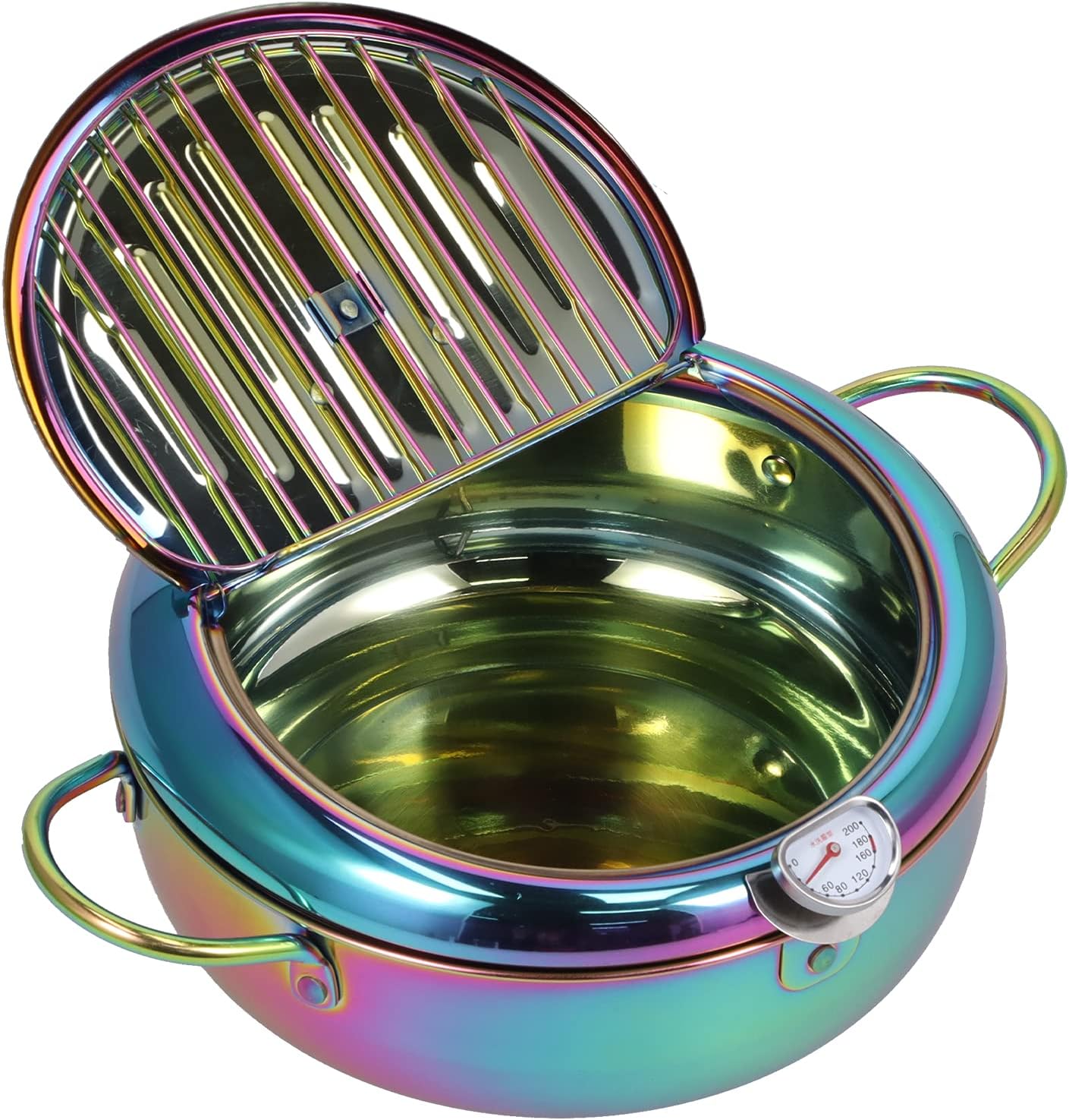 Deep Fryer Pot, 3.2L Stainless Steel Tempura Deep Frying Pot with Thermometer and Oil Draining Rack, Japanese Tempura Fryer Pan for Tempura chips, Fish, and Chicken (Blue)