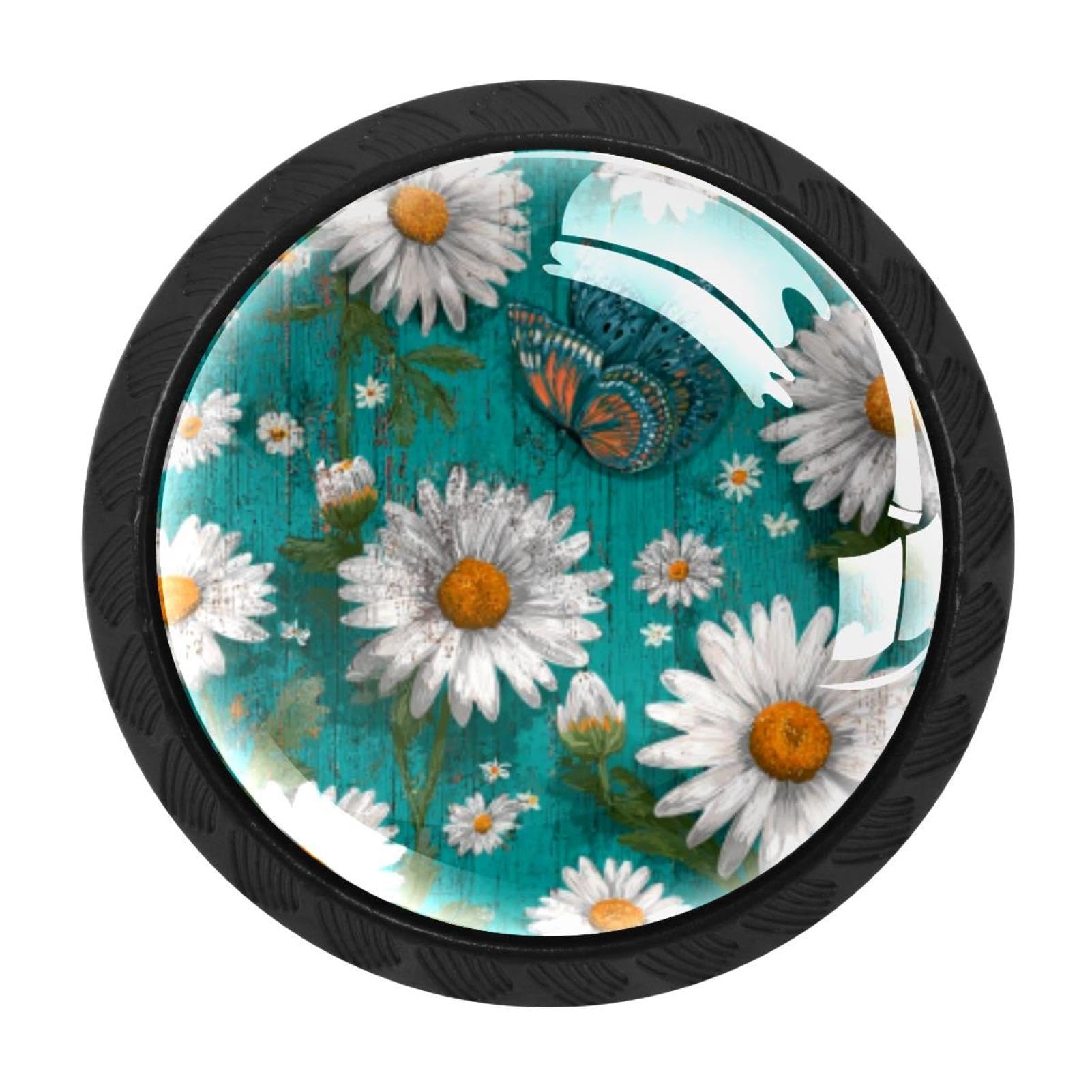 CHENZZZZ 4 Pieces Rustic Teal Daisy Butterfly Farmhouse (1) Cabinet Knobs Drawer Dresser Pulls Handles for Home Kitchen Office Bathroom Door Kids Room