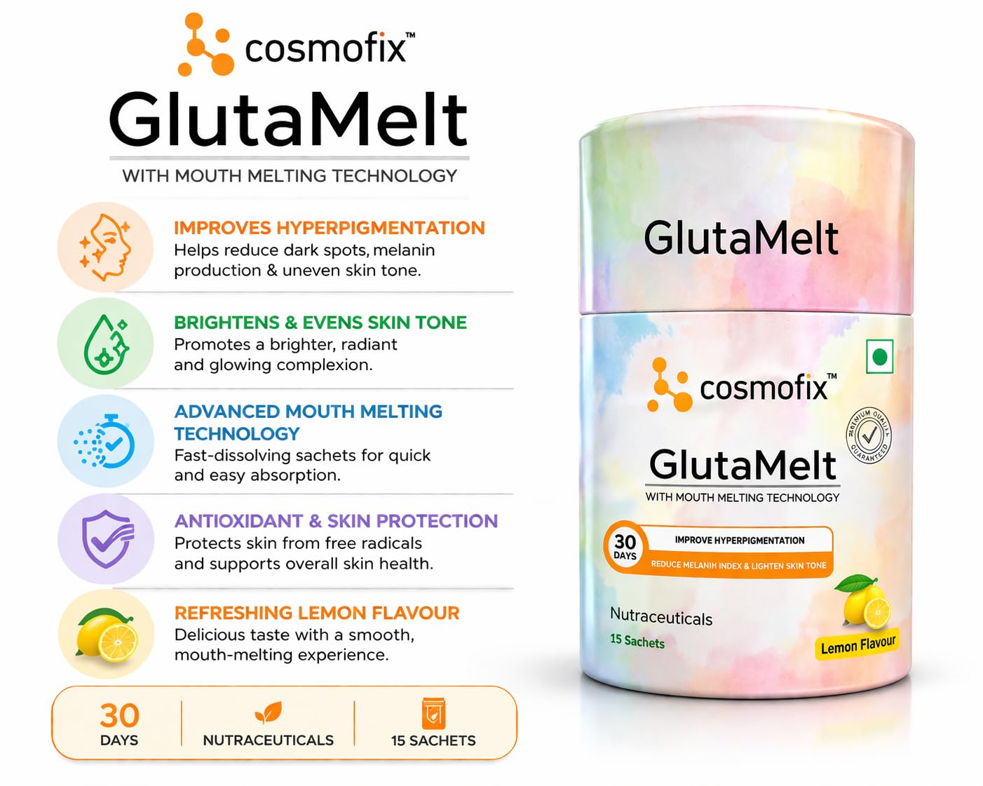 Cosmofix GlutaMelt Skin Supplement with Mouth Melting Technology, Lemon Flavour, 15 Sachets — Amazon image 4