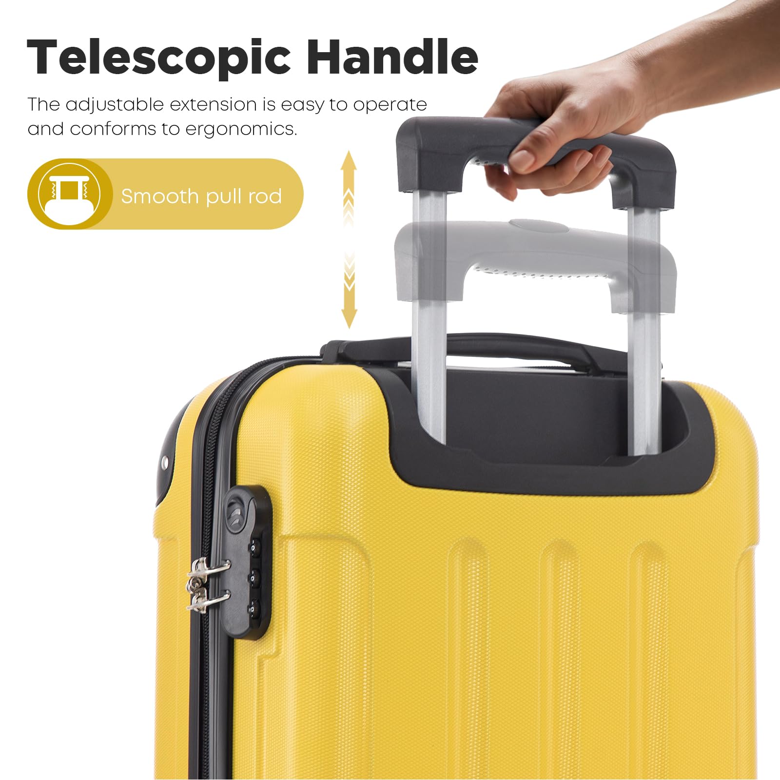 Maleta de Cabina con Ruedas Desmontables, 4 Ruedas Giratorias de 360°, Carcasa Rígida, Cerradura de Combinación, Asa Telescópica (Amarillo, S)