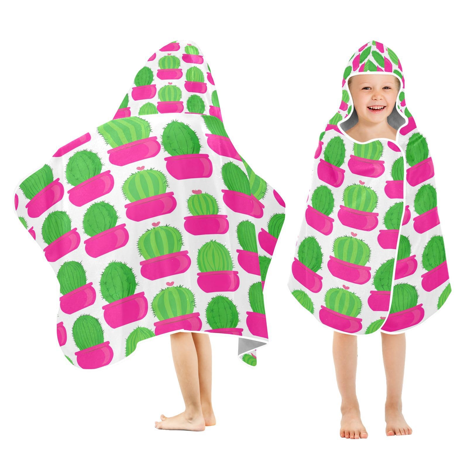 Nesatuwa Hooded Towel for Kids,Cacti Pink Pots Kids Beach Bath Towels Soft Absorbent Quick Dry Poncho Towel for Girls Boys
