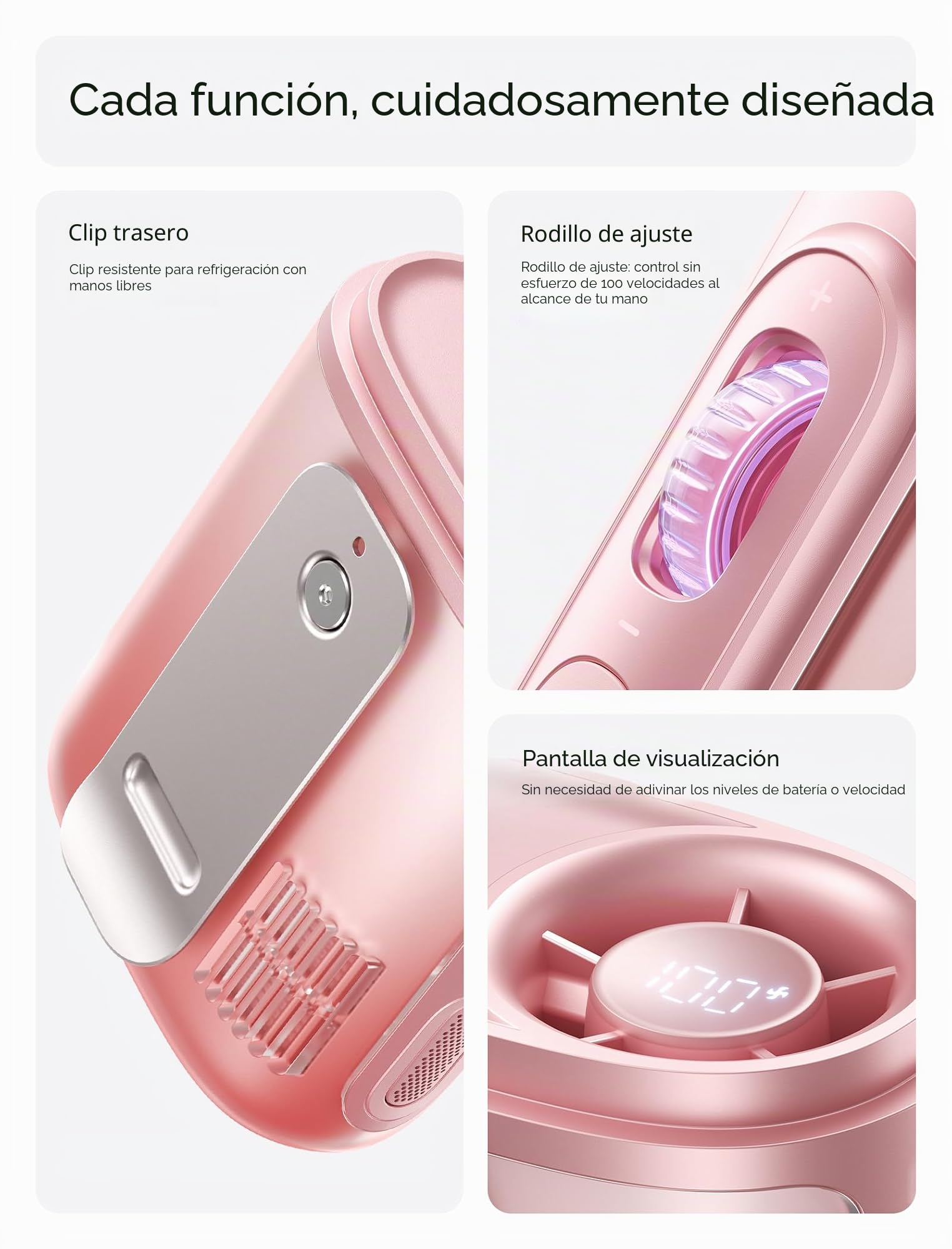 JISULIFE Mini Ventilador de cuello portátil, 100 velocidades, 40000 RPM | Ventilador LED recargable por USB de 16 horas y 4500 mAh, regalo para mujeres para actividades al aire libre o viajes (Rosa)