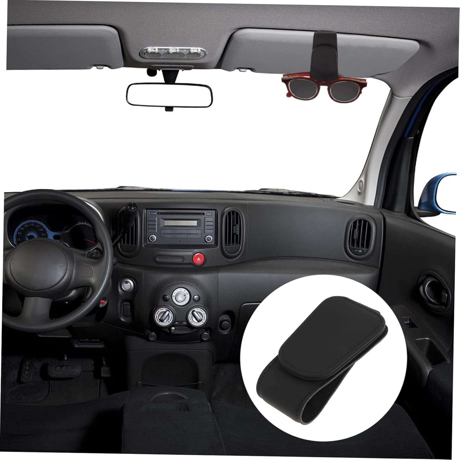 TENDYCOCO 5pcs Car Glasses Holder Visor Vanity Mirror Clip Cap Sunglasses Protective Multiple Stickers Eyeglasses Holders Goggle Sun Visor for Car Glasses Organizer for Car Black Leather