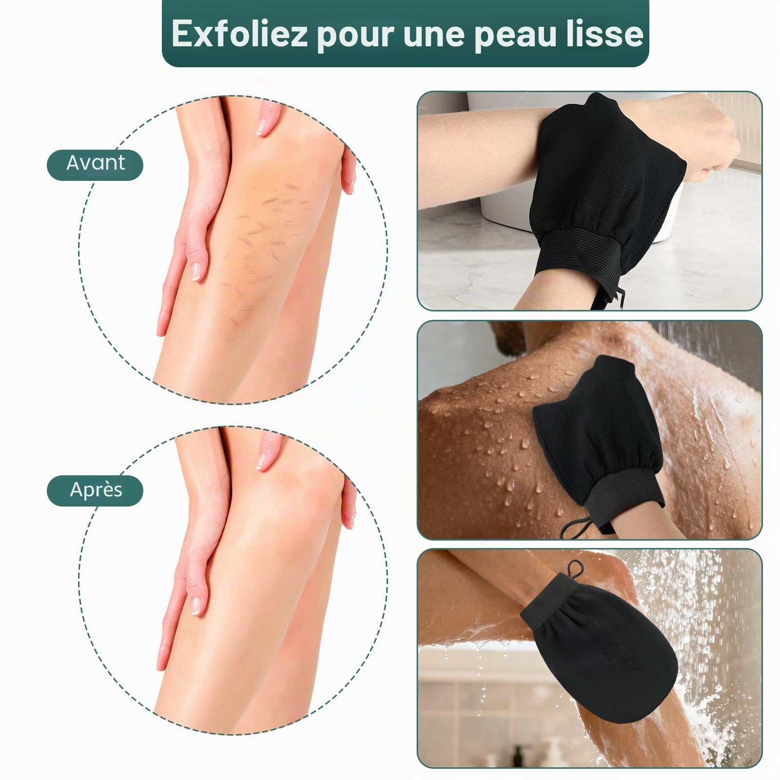 3 gants exfoliants pour le corps – Gant exfoliant corps noir, gant de crin et éponge exfoliante corps pour hommes et femmes, idéal pour bain et soins corporels