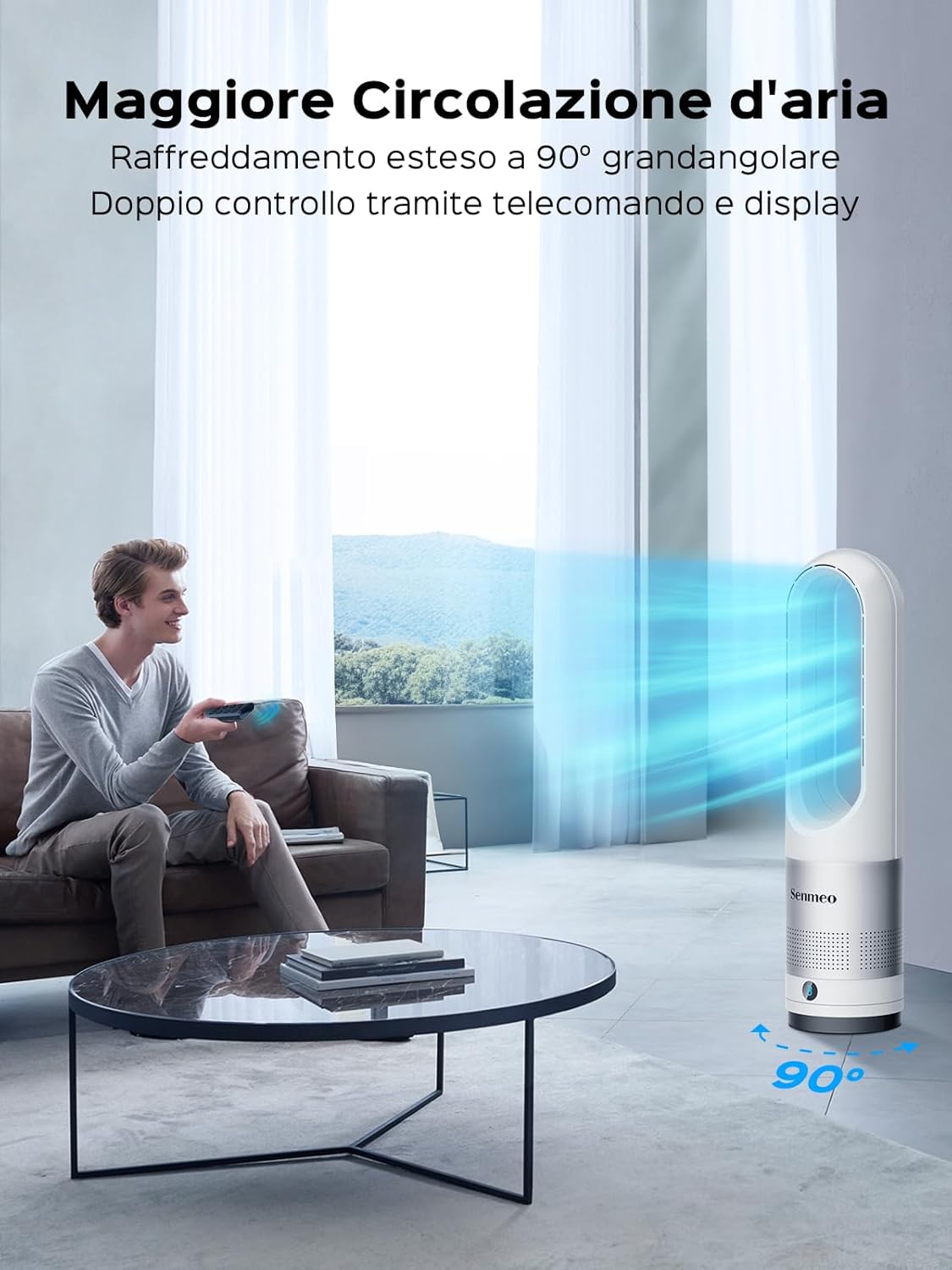 Senmeo Ventilatore a Torre Senza Pale da 55cm, Ventilatore a Colonna Silenzioso con Telecomando, 8 Velocità, Oscillazione a 90°, Timer da 9 Ore, Display LED, Ventilatore Potente per Camera, Ufficio Bianco + Argento - Immagine 4