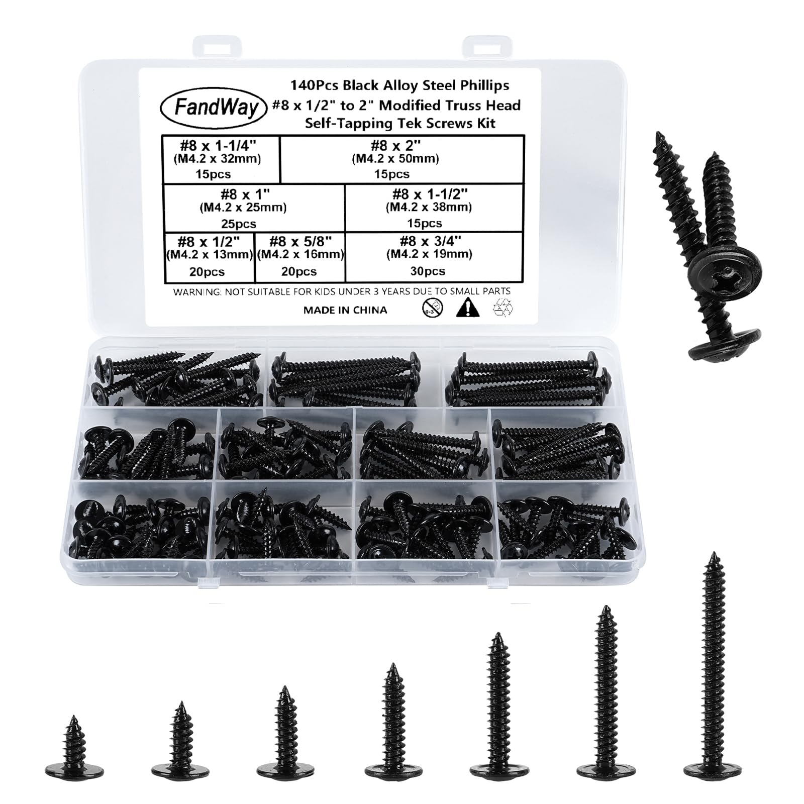FandWay 140Pcs Wafer Head Self Tapping Screws,M4.2x13~50mm Wood Screws Black,Modified Truss Head Self Drilling Screw,Carbon Steel Sheet Metal Screw for Aluminum WoodWork Plastics