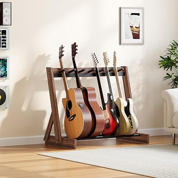 MAHANCRIS Guitar Stand, Hardwood Guitar Rack for Multiple Instruments, Multi-Guitar Storage for 3 Acoustic, 5-6 Electric or Bass, Wooden Floor Acoustic Stand, Instrument Rack Holder, for Home Music Studio, Walnut and Black GSHA7501