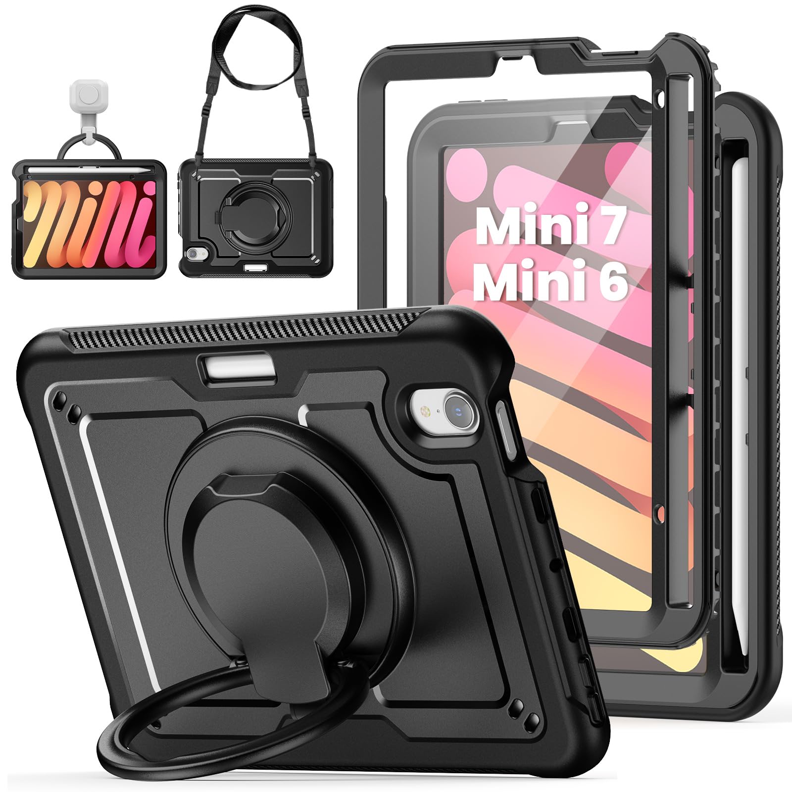 Case for iPad mini 7 (A17 Pro) 2024/ Mini 6 8.3'' with Pencil Holder Screen Protector [360 Rotating Handle &amp; Stand] &amp;Shoulder Strap, Shockproof Case for iPad mini 7th/6th Generation, Black