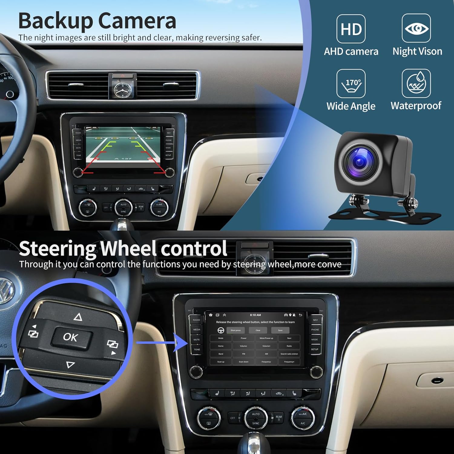Image showing the car radio display with steering wheel control functionality and a backup camera view.