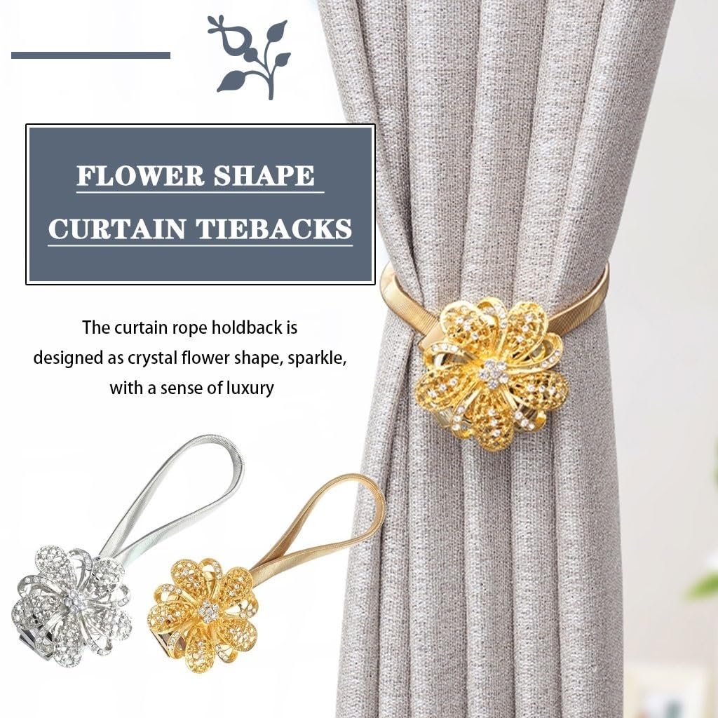 Magnetische Vorhang-Raffhalter Mit Glitzer-Blumen – Dehnbares Federdrahtseil, 2 Stück, Bronze – Kein Bohren Nötig!