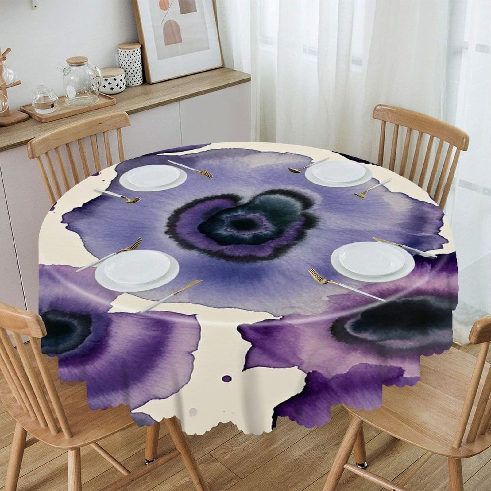 VstaDank Abstract Watercolor Purple Round Tablecloth 60 Inch Easy to Clean Circle Table Cover Thick Decorative Round Polyester Table Cloth for Dining Kitchen Party Farmhouse Outdoor
