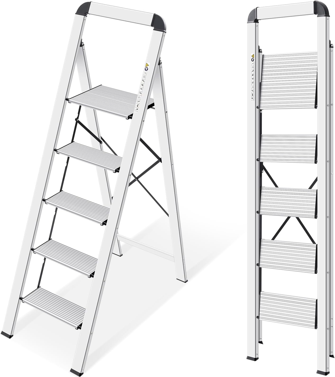 – KINGRACK Aluminum 5 Step Ladder, Lightweight Step Stool with Non-Skid Pedals, Handrail, 330 LBS Foldable Step Ladder for Kitchen, Garage, Home, Space Saving, Sturdy and Portable, Silver