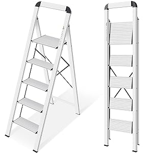 KINGRACK Stufenleiter, 5 Stufen, klappbare Stufenleiter mit Handlauf, rutschfeste Haushaltsleiter mit Klappsicherung, Aluminium Tritthocker, maximale Belastung 150 kg