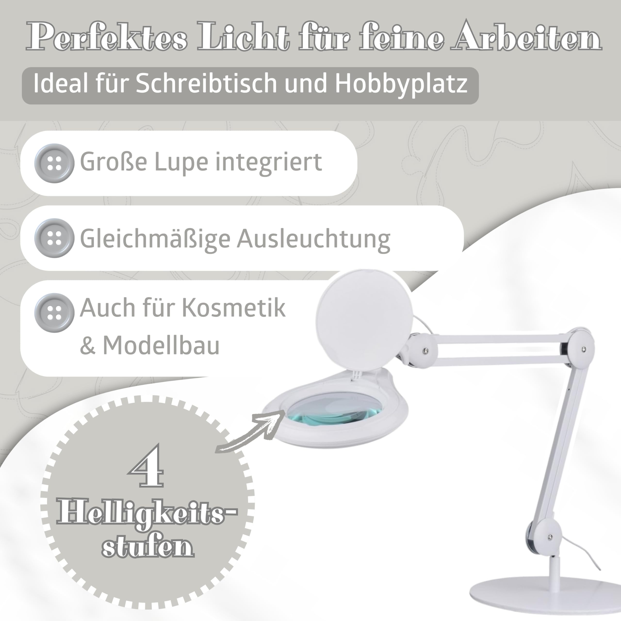 SEMPLIX LED Tischleuchte, 60 weiße LEDs, weiß, Große Echtglas Lupe (Ø 127 mm, 3 Dioptrien), Tischlampe mit flexibel verstellbarem Schwenkarm, 4-fach Dimmbar, Nählampe, Leselampe, Kosmetiklampe